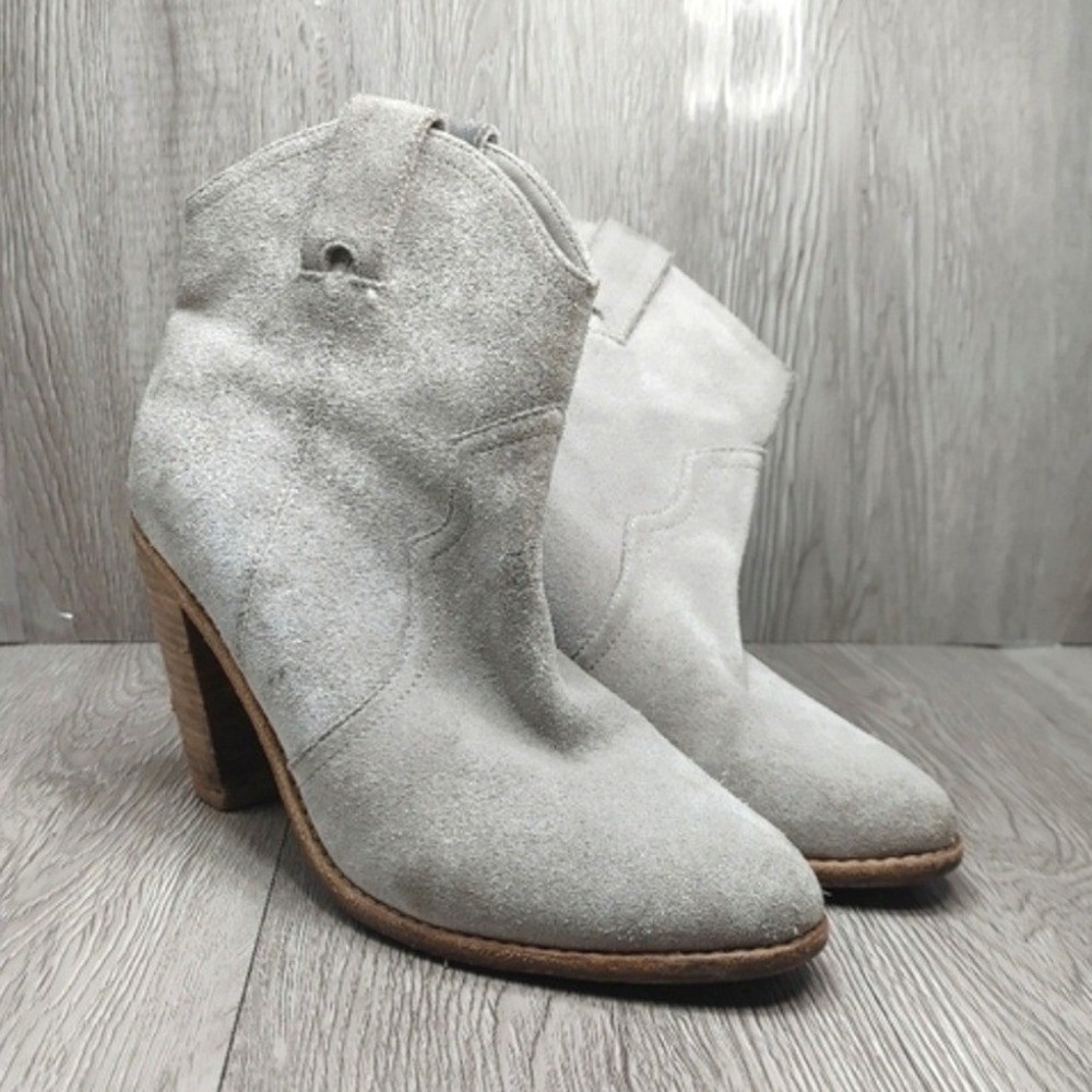 Joie Monte Western Mid 3.5" Heel Suede Booties EU 37.5 Light Beige Tan Gray